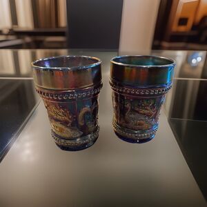 Dugan Peacock at Fountain Carnival Glass Tumblers Pair Amethyst Purple